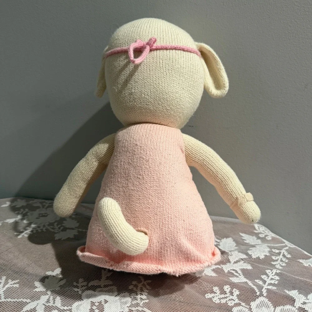 cuddle + kind Charlotte the Dog Plush Toy Kids 13in Cream Pink Knit Handmade